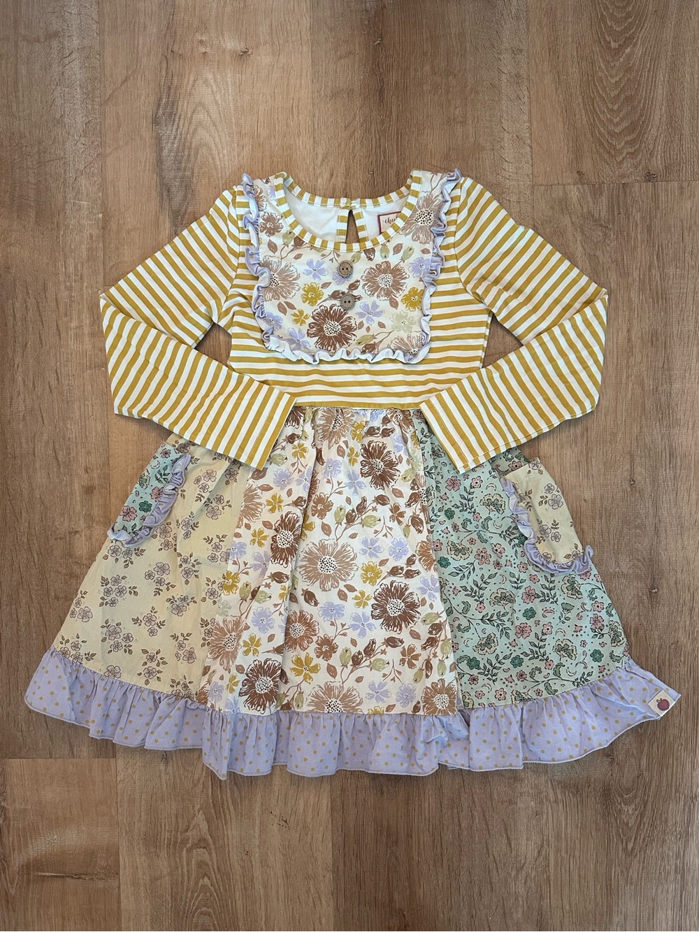 Matilda Jane Mustard Striped Floral Patchwork Dress with Lavender Ruffle